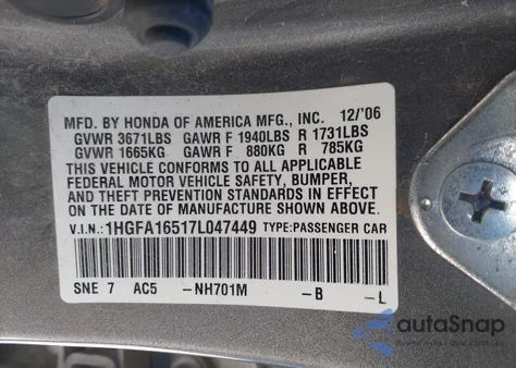 2007 Honda Civic Lx z USA, uszkodzony, nr VIN 1HGFA16517L047449